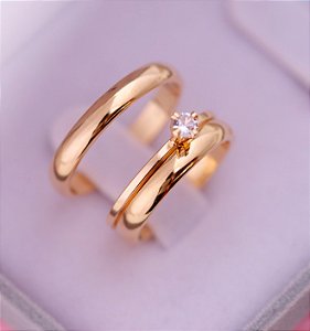 Par Aliança Amor 3mm Banhada a Ouro 18K com solitário