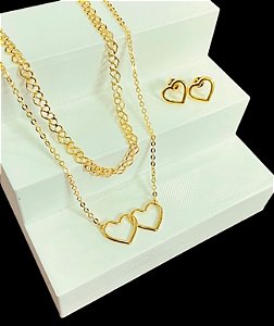 Conjunto Colar e Brinco Duplo Coração Banhado a Ouro 18K