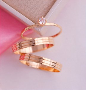 Par Aliança Amor Harmonia 3mm Banhada a Ouro 18K com Solitário