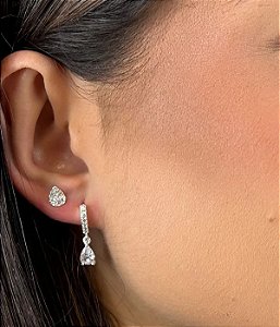 Brinco Meia Argola Cravejada com Gota em Prata 925