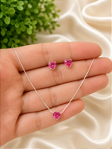 Conjunto Colar e Brinco de Coração mini 5mm em Prata 925