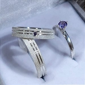 Par Aliança Lilás Fosco 5mm com Solitário