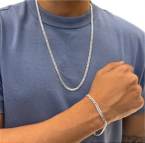Conjunto Corrente e Pulseira Grumet 4mm 60cm em Prata 925
