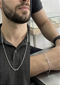 Kit Corrente e Pulseira Masculina Elos Cadeado 2mm 70cm