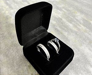 Par Aliança Fosca 4mm com Solitario Cravejado Azul