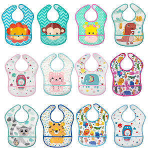 Babador Impermeável Com Bolso Pega Migalhas e Velcro Animal Fun Bebê Infantil Buba