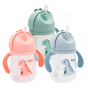 Copo Infantil Dino 240ml Buba Alça Removível Canudo Silicone Válvula Anticólica Evita Ingestão Ar
