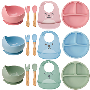 Kit Alimentação Silicone Gumy Buba 5 Peças Babador Prato Bowl Talher de Bambu Introdução Alimentar
