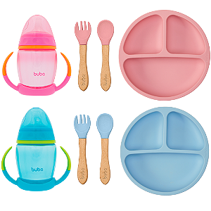 Kit Introdução Alimentar Buba 4 Peças – Prato em Silicone com Ventosa, Kit Talheres Silicone e Bambu e Copo com Alça Removível