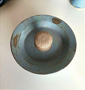 Bowl Artesanal com Tampa em Cerâmica Azul e Tabaco