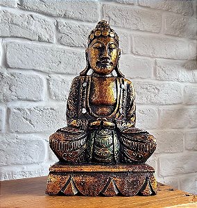 Escultura de Buda Dourado em Madeira (30cm)