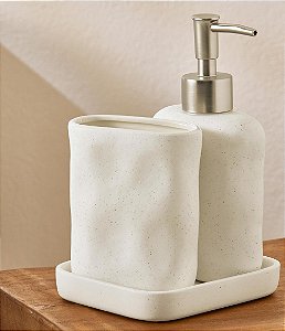 Kit Porta Sabonete Líquido e Porta Escova em Cerâmica (3 peças)