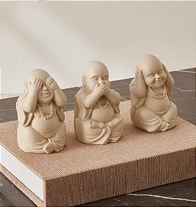 Trio de Esculturas Mini Budas em Cimento (3 Peças)