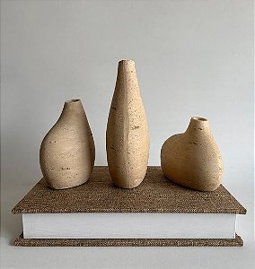 Trio de Mini Vasos Decorativos em Poliresina Mármore Travertino