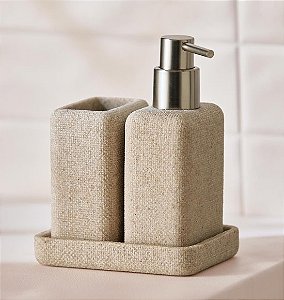 Kit Saboneteira e Porta Escova para banheiro em Poliresina Bege (3 peças)