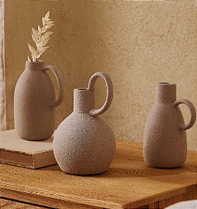 Trio de Mini Vasos Decorativos em Cerâmica Cinza com Alças (3 peças)