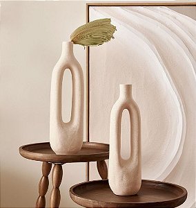 Vaso Decorativo em Cerâmica Vazado Bege (2 Peças)