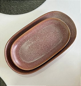 Par de Bandeja Oval em Cerâmica Rosa (2 peças)