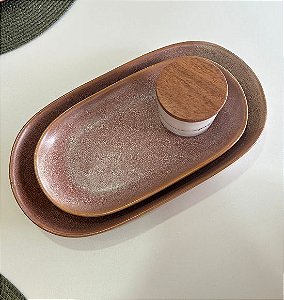 KIT de 02 Bandejas Rosas em Cerâmica Modelo Oval