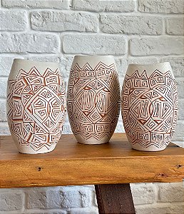 Trio de Vasos Decorativos em Cerâmica Marajoara