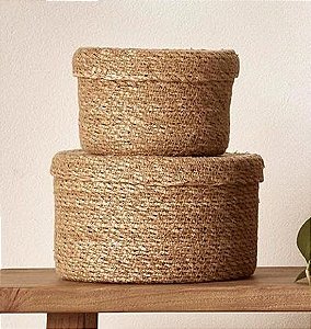 Cesto Decorativo com Tampa em Fibra Natural (M)