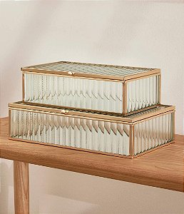 Caixa Decorativa e Organizadora em Vidro Canelado com Borda Dourada (P)