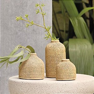 Trio de Mini Vasos Decorativos em Poliresina Rattan (3 Pçs)