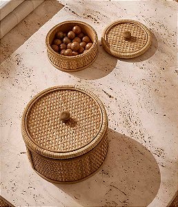 Caixa Decorativa e Organizadora Redonda em Rattan com Tampa