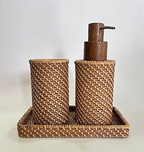Kit Saboneteira e Porta Escova com Aspecto de Rattan (3 peças)