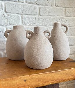 Trio de Vaso Decorativo em Cerâmica Cinza com Alças