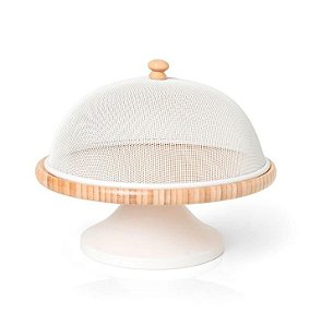 Porta Bolo em Bambu e Metal Branco (26cm)