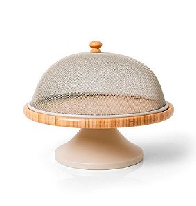 Porta Bolo em Bambu e Metal Cor Areia (26cm)