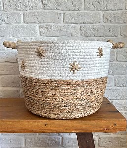 Cesto Decorativo Redondo em Fibra Natural e Algodão Branco (3 Tamanhos)