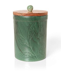 Pote em Cerâmica Verde Folhas com Tampa (12x19)