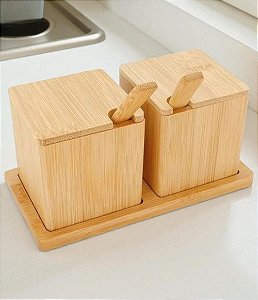 Jogo Porta-Condimentos em Bambu Ecokitchen com Tampa Colher e Bandeja