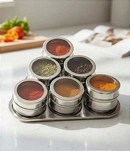 Jogo 6 Porta Condimento em Aço Inox com Fundo Magnético