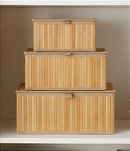 Kit 3 Caixas Organizadoras em Bambu com Tampa (3 Tamanhos)