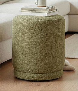 Pufe Verde Redondo em Bouclé e Madeira (47x37)