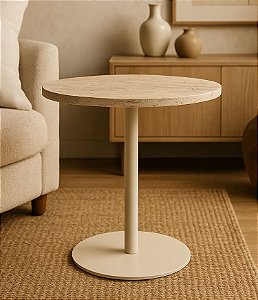 Mesa Lateral Redonda em Metal e Mármore Travertino (45x40)