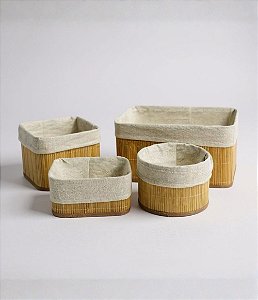 KIT 4 Cestos Organizadores em Bambu com Forro em Linho