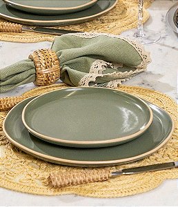 Conjunto 08 Pratos em Cerâmica Verde Sálvia (04 Pratos de Jantar + 04 Pratos de Sobremesa) | Linha Vivant