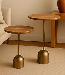 Conjunto de Mesas Laterais Redondas de Madeira e Metal Dourado (2 Tamanhos)