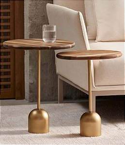 Conjunto de Mesas Laterais Redondas em Madeira e Metal Dourado (2 Tamanhos)