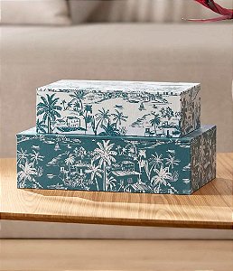 Caixas Decorativas e Organizadoras de MDF e Canvas Modelo Tropical Azul (2 peças)