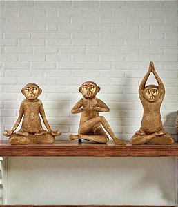 Escultura Decorativa Trio de Macacos Dourados Yoga