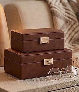 Caixas Decorativas em Couro Ecológico Marrom e Fecho Dourado (Kit 2 Pçs)