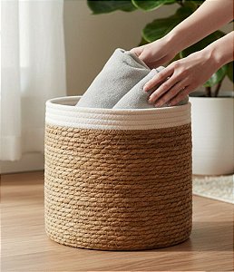 Cesto Decorativo Redondo em Fibra Natural e Algodão (34x34)