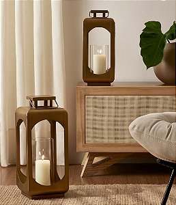 Lanterna Marroquina em Metal Dourado com Copo de Vidro (41x17x17)