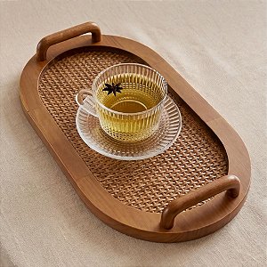 Bandeja Decorativa Oval em Rattan e Madeira (G)