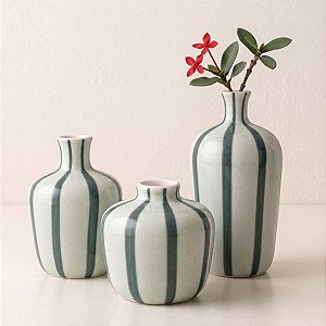 Trio de Mini Vasos Verdes Listradros em Cerâmica (3 Pçs)